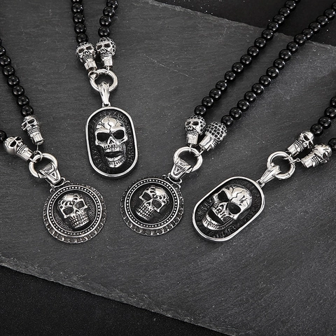 Collana Con Pendente A Teschio Da Uomo Con Perline Di Agata E Acciaio Inossidabile Zircone Stile Gotico Punk Gioiello