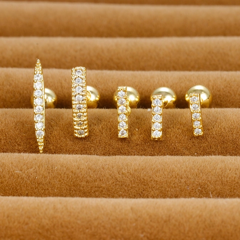 Stainless Steel Zircon Cartilage Stud Earrings Gold Plated Straight Row Tiny Sparkly Screw Ball Back Piercing Jewelry Women