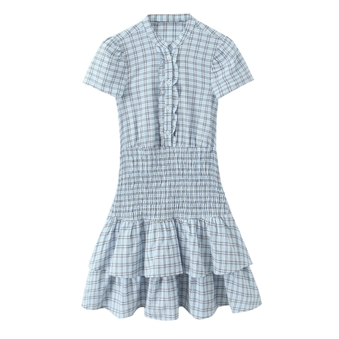 Plaid Mini Kleid Rüschen Stehkragen Elastische Taille Gestufte Saum Kurzarm Lolita Stil Polyester Damen Casual Mode