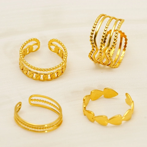 Edelstahl Hohlkette Offene Ringe Für Frauen 18K Vergoldet Verstellbar Herz Welle Perlen Minimalistischer Eleganter Schmuck