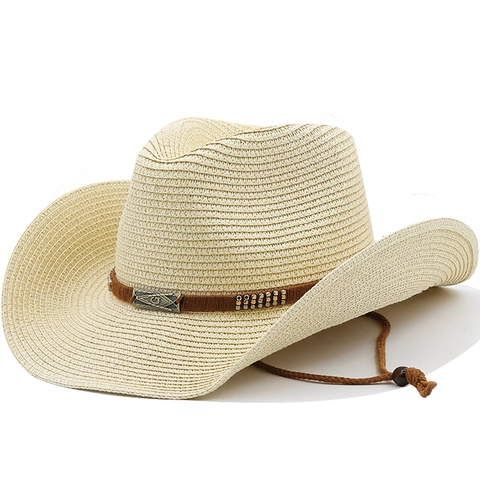 Chapeau De Cow-Boy En Paille À Bord Large Protection Solaire Été Plage Avec Cordelette De Serrage Réglable Unisexe