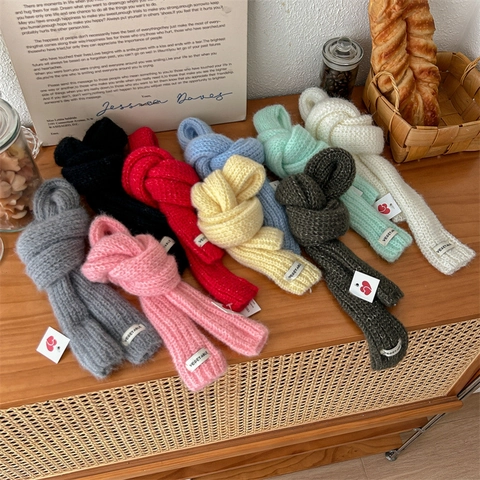 Korean Style Candy Color Knitted Narrow Scarf For Women Winter Warm Thin Long Neck Scarf With Vegetable Letter Label