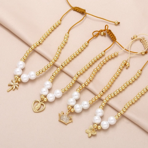 Gold Plated Copper Beaded Bracelet With Artificial Pearl Virgin Mary Crown Palm Tree Butterfly Pendant Zirconia Adjustable Jewelry For Women