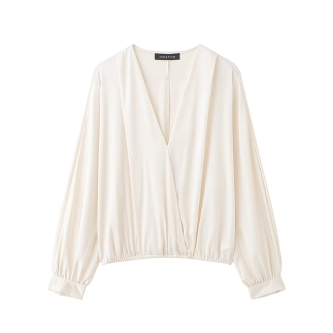 Damen Satin Bluse V-Ausschnitt Langarm Wickeloptik Top Elegant Elfenbein Elastischer Saum Modisches Seidiges Hemd