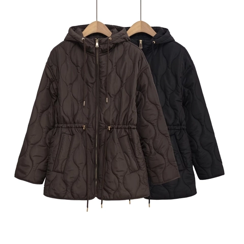Women Wave Quilted Hooded Padded Jacket Lightweight Mid Length Drawstring Waist Coat Autumn Winter Warm Outwear