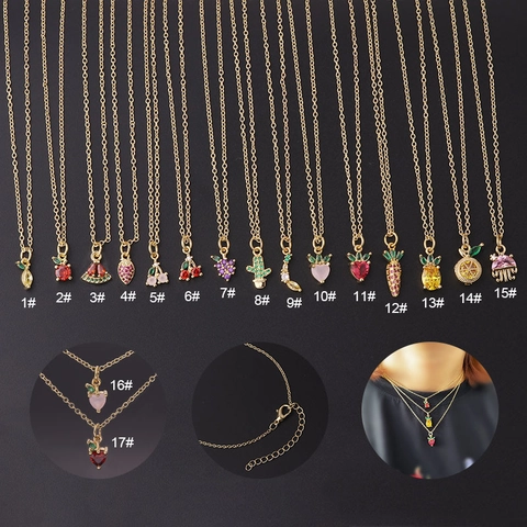 Fruit Pendant Necklace Gold Plated Copper Colorful Zircon Strawberry Pineapple Cactus Adjustable Chain For Women