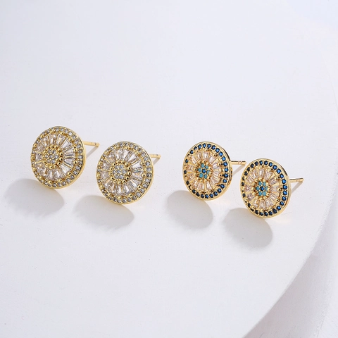 Pendientes De Botón Redondos Geométricos Con Cobre Chapado En Oro De 18K Y Circonita Micro Pavé Estilo Ojo Turco Para Mujer