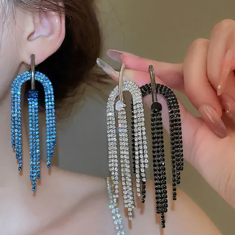 Elegante U-Vormige Kwastje Hangoorbellen Met 925 Sterling Zilveren Oorsteker Koperen Strass Sieraden Voor Dames