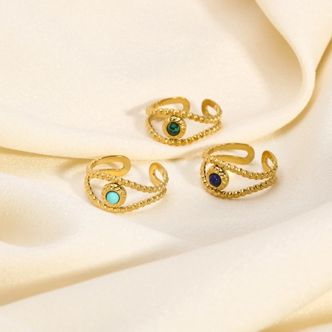 Anello Aperto Malocchio in Acciaio Inossidabile Placcato Oro 18K Donna Vintage Regolabile Pietra Naturale Malachite Anello