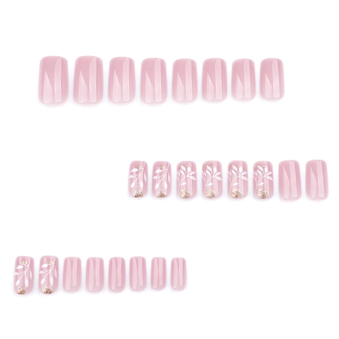 Press On Ongles Courts Carrés Nude Rose Fleur Blanche Feuille Feuille D'or Élégants Faux Ongles Simples