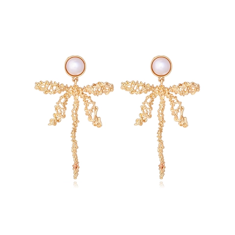 Vintage European Gold Dragonfly Stud Earrings For Women Exaggerated Zinc Alloy Hollow Artificial Pearl Insect Ear Jewelry