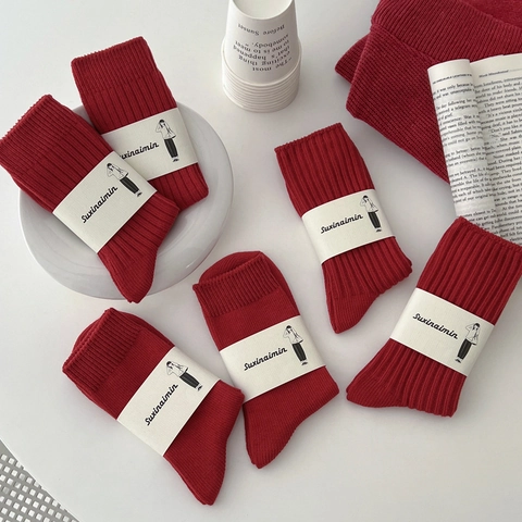 Damen Rote Baumwolle Crew Socken Festlich Neujahr Gerippt Zopfmuster Rautenmuster Atmungsaktiv Weich Casual