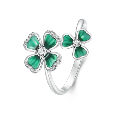 S925 Sterling Silver Green Enamel Clover Open Ring For Women Adjustable Finger Ring Zirconia Leaf Jewelry Gift