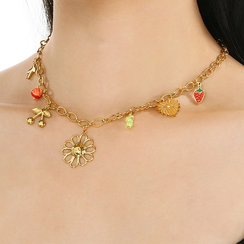 Collana Multiondoli In Acciaio Inossidabile Per Donna Con Pendenti In Smalto Colorato Frutta Fiori Farfalle Gioielli Placcati Oro