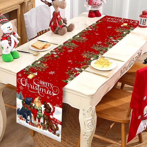 Christmas Table Runner Polyester Puppy Dogs Pattern Merry Christmas Festive Dining Room Home Party Decoration
