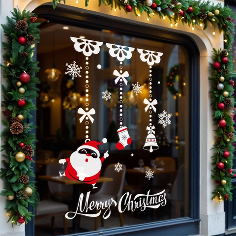 Weihnachts Fensteraufkleber Statisch Haftende Aufkleber Weihnachtsmann Schneemann Schneeflocken Doppelseitig PVC Feiertagsdekoration
