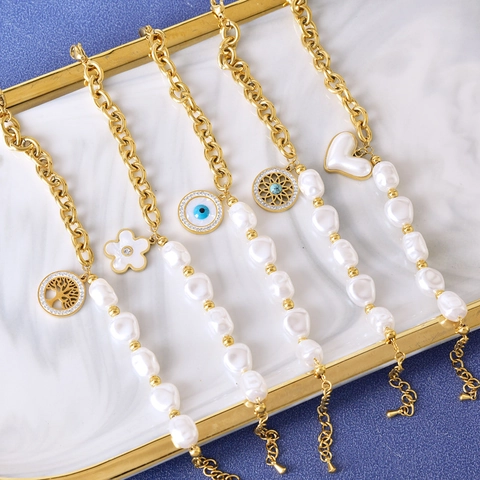 Artificial Baroque Pearl Bracelet Stainless Steel Gold Plated Chain Irregular Artificial Pearls Heart Flower Evil Eye Tree Of Life Pendants