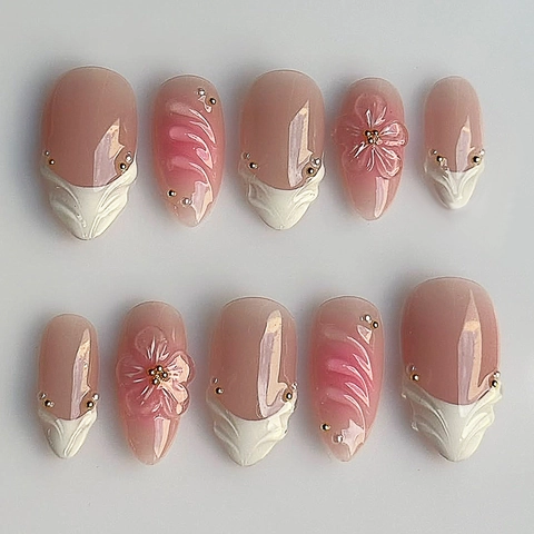 Press On Nails Short Almond Pink Gradient Fake Nails 3D Flower Marble Artificial Pearl Decoration French Style Artificial Fingernails