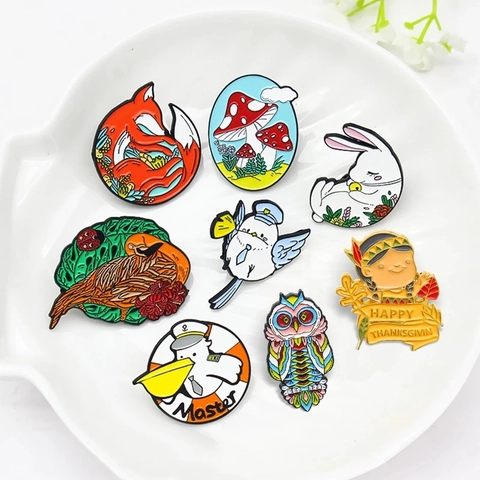 Spilla In Smalto Animali Cartone Animato Lega Carino Volpe Coniglio Gufo Fungo Pin Vestiti Zaino Accessorio Regalo