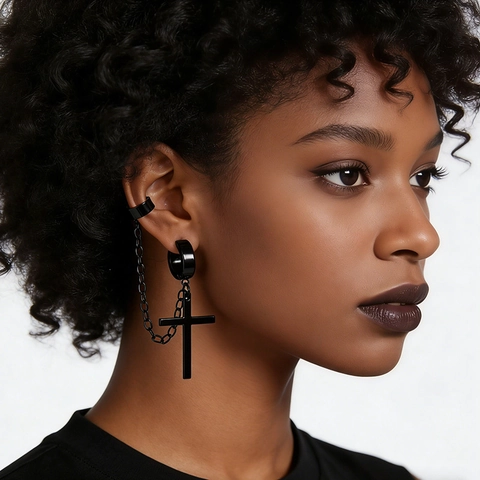Boucles D'oreilles Chaîne Croix En Acier Inoxydable Punk Gothique Ear Cuff Créoles Pour Hommes Femmes Bijoux Hip Hop