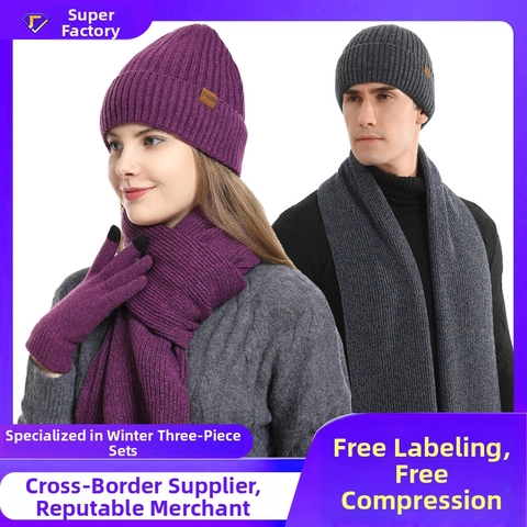 Winter Warm Strick Acryl Mütze Schal Und Touchscreen Handschuhe Kombi Verdickte Rippen Thermische Outdoor Accessoires Für Herren Damen