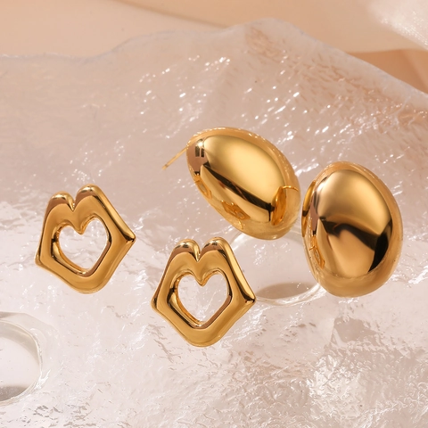 Geometric Golden Stainless Steel Stud Earrings Minimalist Lips And Heart Shape Metal Jewelry For Women