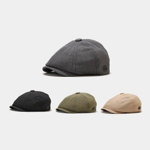 Retro Cotton Twill Newsboy Cap British Style Octagonal Painter Hat For Men Women Solid Color Adjustable Metal Badge
