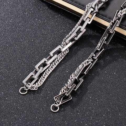 Double Layer Chain Bracelet Stainless Steel Cuban Link Rectangular Box Chain Hip Hop Punk Vintage Industrial Unisex Jewelry