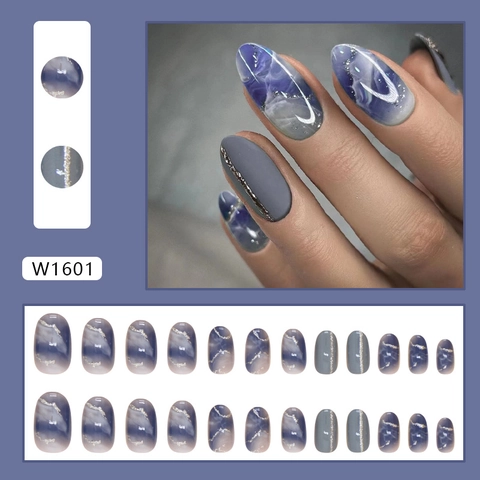 Korte Amandelvorm Press On Nagels Marmer Smudge Design Zilver Glitter Blauw Kunstnagels Voor Vrouwen