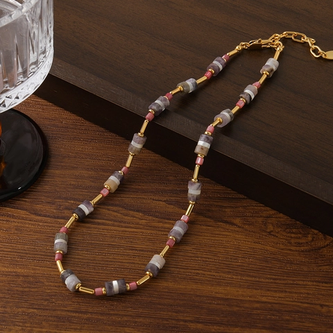 Collana di Perline in Pietra Naturale Conchiglia Colorata Boho Ottone Placcato Oro 18K Catena Clavicola Geometrica Donna Gioielli
