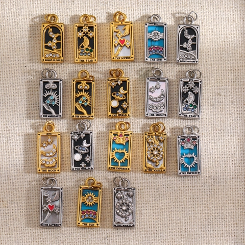 Tarot Card Pendants Stainless Steel 18K Gold Plated Enamel Rhinestone Rectangle Geometric DIY Jewelry Making Accessories