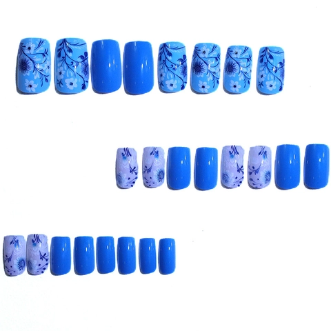 Square Press On Nails Blue Floral Leaf Pattern Glossy ABS False Nails DIY Manicure For Women Elegant Simple Style