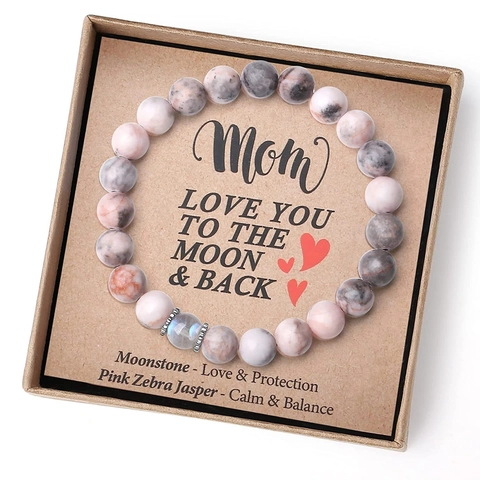 Beaded Bracelet Natural Moonstone Jasper Volcanic Rock With Card Gift Box For Mom Dad Birthday Christmas Present