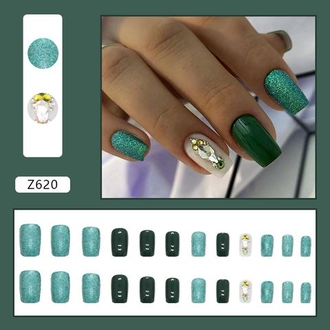 Emerald Green Press On Nails Square Medium Long Artificial False Nails With Rhinestones Glitter Sparkling Manicure For Women
