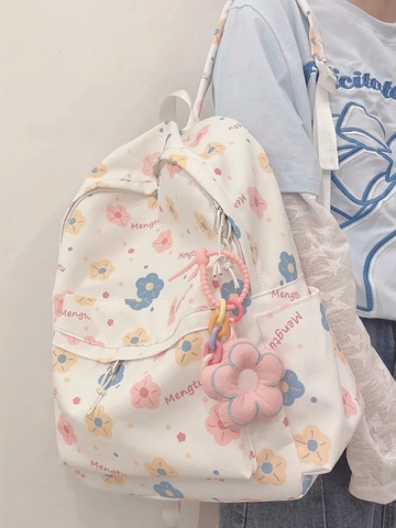 Süßer Cartoon Blumenmuster Canvas Rucksack Wasserdichte Schultasche Mit Plüsch Blumenanhänger Japanischer Stil Für Mädchen