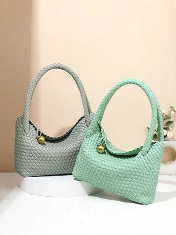 Woven Shoulder Bag PU Leather Large Capacity Tote With Golden Metal Ball Charm Vintage Handbag For Women Daily Commute