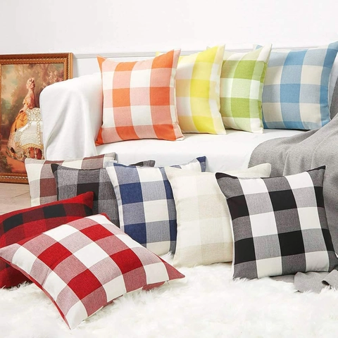 Cotton Linen Plaid Pillow Covers Buffalo Check Cushion Cases Double Sided With Invisible Zipper For Sofa Couch Decor