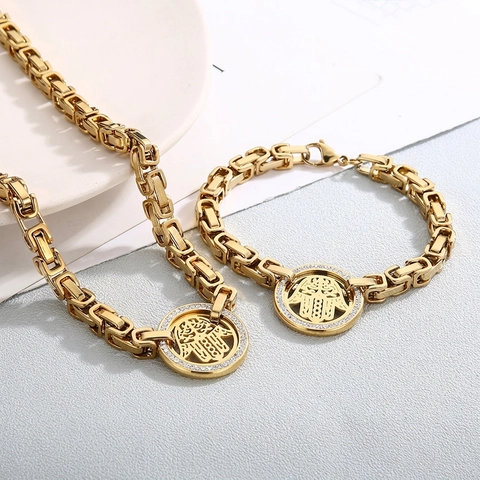 Stainless Steel Hamsa Hand Jewelry Set For Women Rhinestone Fatima Hand Pendant Necklace Bracelet Byzantine Chain Jewelry
