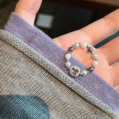 Elegante Kralenring Met Vierkante Paarse Zirkonia En Kunstparels Vintage Franse Stijl Rekbare Sieraden Voor Vrouwen