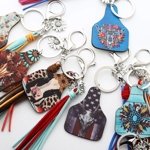 Western Cow Tag Keychains Wood Sunflower Faux Leather Tassels Bohemian Vintage Cattle Head Pattern Bag Charms