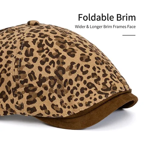 Women Leopard Print Newsboy Cap Vintage Beret Hat Adjustable Cotton Polyester Spliced Suede Brim Streetwear Fashion