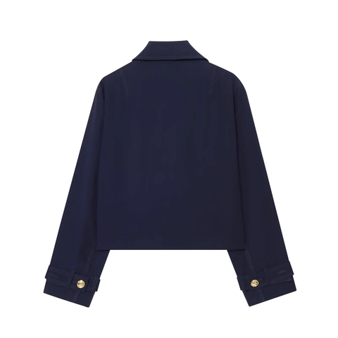 Giacca Corta Monopetto Blu Navy da Donna Bottoni in Metallo Oro Cuciture a Contrasto Bianche Capispalla Casual in Saia TR