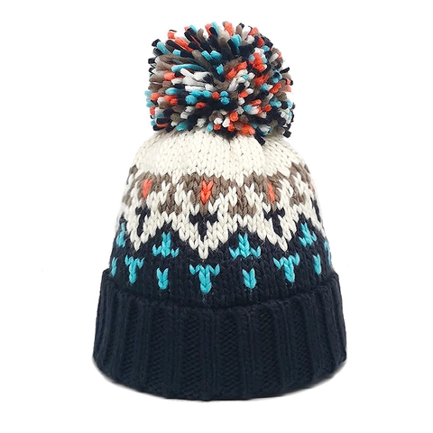 Berretto In Maglia Invernale Da Donna Acrilico Pom-Pom Beanie Caldo Motivo Jacquard Geometrico Protezione Per Orecchie