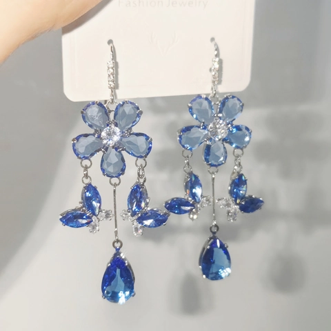 Butterfly Dangle Earrings Flower Blue Teardrop Copper Jewelry With Steel Earring Post Ethereal Elegant Women