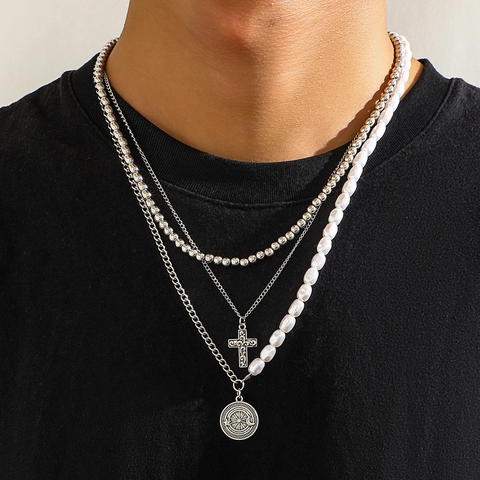 Multi-Layered Necklace For Men Alloy Faux Artificial Pearl Cross And Round Coin Pendants Beads Vintage Hip Hop Jewelry