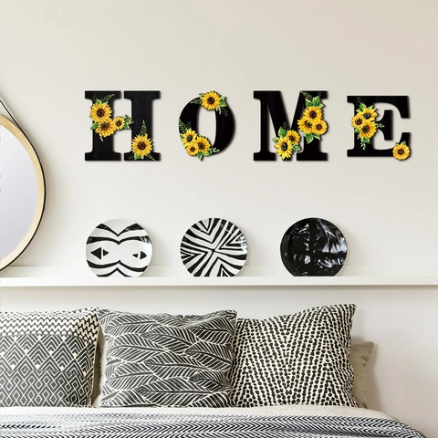 Decoración Pared Letra Home Madera Girasol Floral Estilo Granja Cartel Colgante Negro Para Sala Estar Puerta Dormitorio
