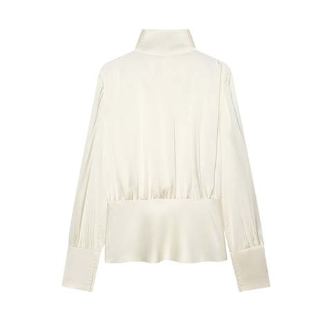 Elegante Blusa De Satén Para Mujer Con Lazo En El Cuello Alto Espalda Descubierta Manga Larga Color Sólido Top Crema Chic