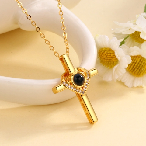 Kupfer Kreuz Herz Projektion Anhänger Halskette Für Damen Strass Eingelegt Galvanisierter Modeschmuck Religiöses Geschenk