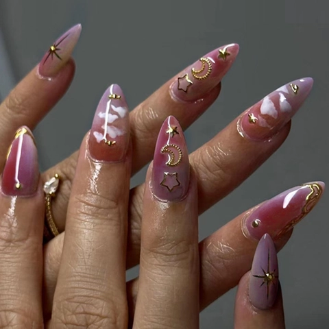 Press On Nägel Mandelform Gradient Pink Lila Gold Stern Mond Charms Wolken Kunst Künstliche Fingernägel Für Damen