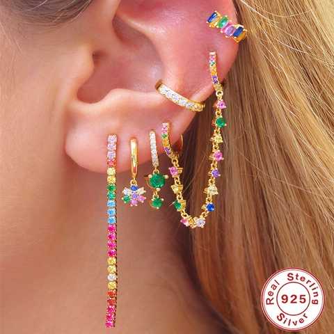 Colorful Zirconia Flower Drop Hoop Earrings With 925 Sterling Silver Earring Post Dainty Huggie Jewelry For Women